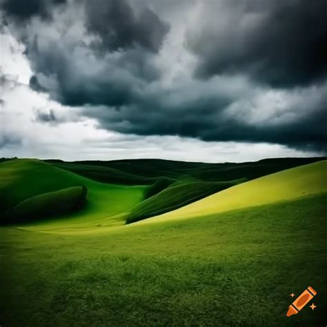 Dramatic Rolling Hills With Stormy Clouds On Craiyon