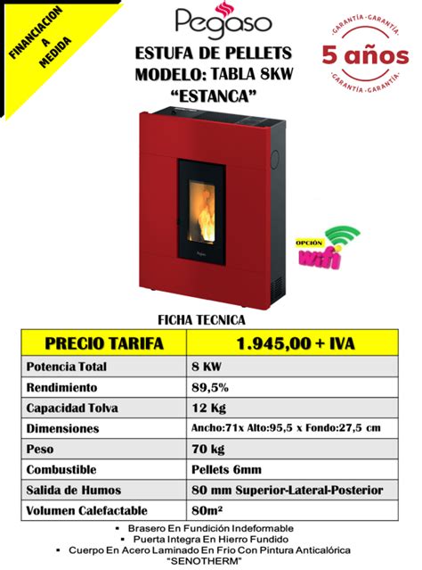 Estufa De Pellets Pasillo Mod TABLA 8KW ESTANCA Comprar Estufa De