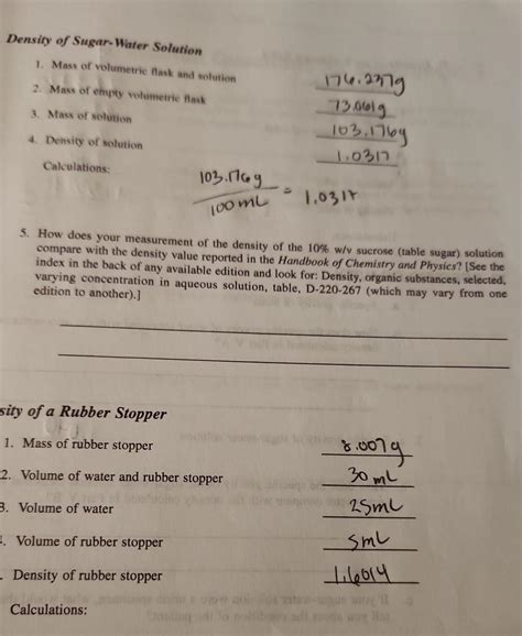 Solved Density of Sugar-Water Solution 1. Mass of volumetric | Chegg.com