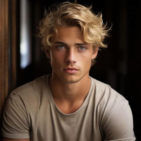 A Young Man With Blonde Hair And Blue Eyes Looks Into The Camera While Leaning Against A Wall