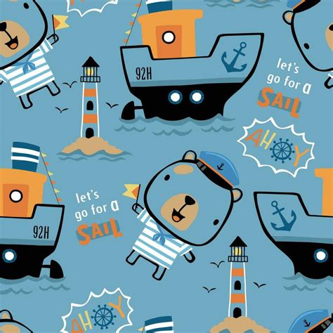 Vector Seamless Pattern Of Cute Bear In Sailor Suit With Sailing