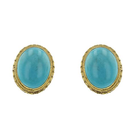 Mid Century 18k Yellow Gold Turquoise Earrings Sylvans Jewelers