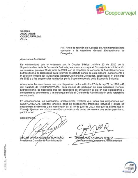 Aviso de reunión Consejo de Administración Coopcarvajal