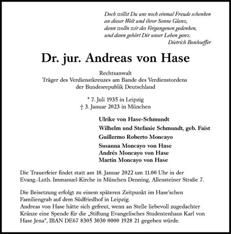 Traueranzeigen Von Andreas Von Hase Sz Gedenken De