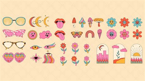 37 Colorful Hippie Stickers - Graphics | Motion Array