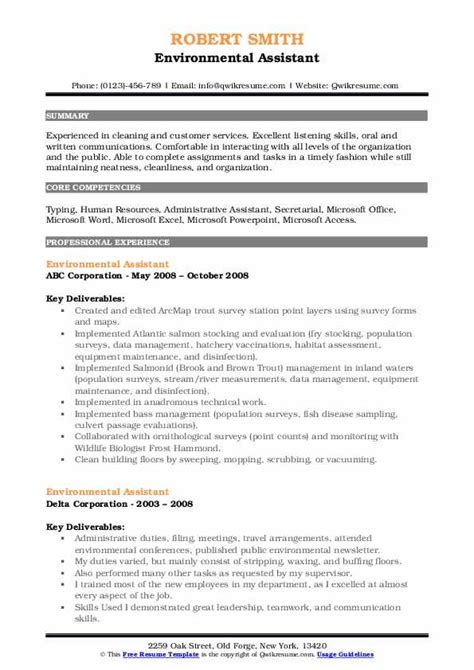 Environmental Assistant Resume Samples Qwikresume