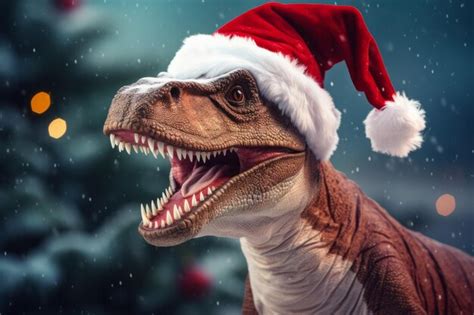 Premium Ai Image A Festive Christmas Dinosaur Wearing A Santa Hat