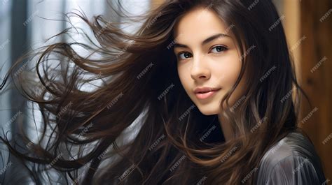 Premium Ai Image A Young Woman With Glossy Raven Hair In A Long Layered Style Exuding Natural