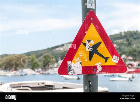 Skiathos Greece June Traffic Warning Sign On The Road