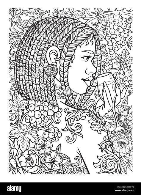 Afro American Girl With Wine Adult Coloring Page Stock Vector Image