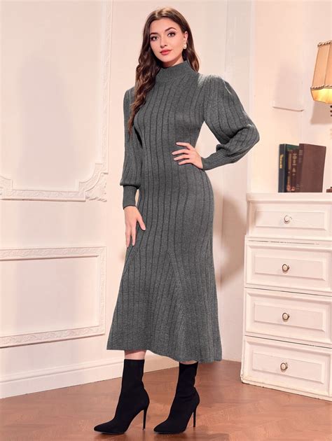 Shein Modely Stand Neck Ribbed Knit Lantern Sleeve Sweater Dress