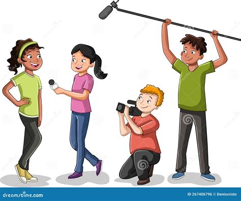 Cartoon Teenagers Interviewing A Girl Vector Illustration