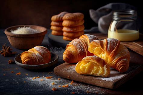 Homemade Delicious Croissants With Butter In Dough Pastries At Pastry