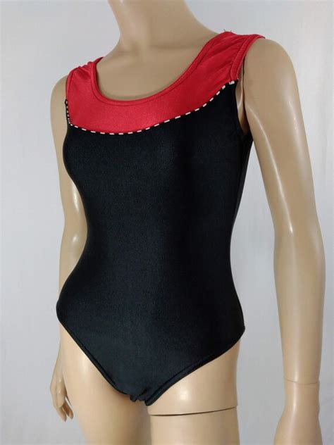 80s Womens Leotard Spandex Pants Cat Suit Black Red… Gem