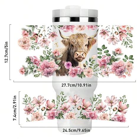 1 Set 2 Pcs Uv Dtf Cup Wraps Transfer For 40 Oz Tumbler Flower Cow Uv