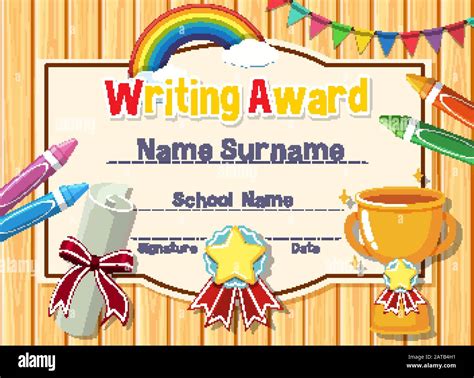 Certificate Template For Writing Award With Crayons And Trophy In