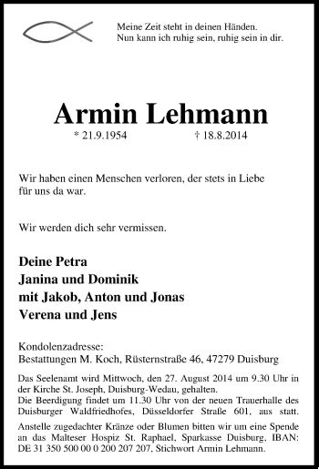 Traueranzeigen Von Armin Lehmann Trauer In Nrw De