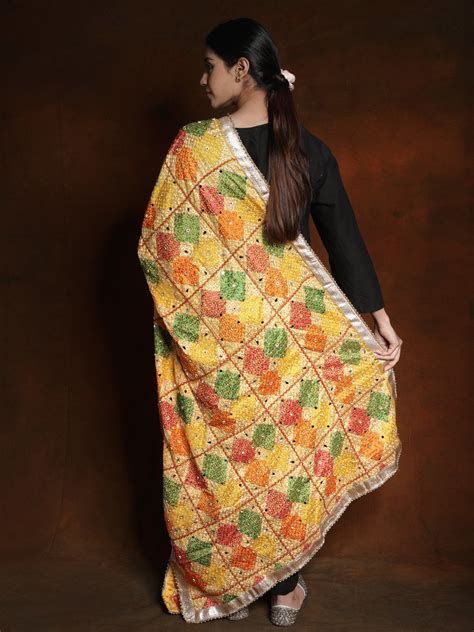 Phulkari Dupatta From Punjab With Multicolor Diamond Pattern Thread