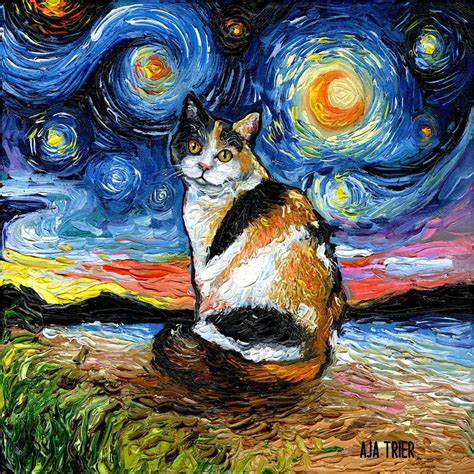 Calico Cat Art Canvas Print Starry Night Ready To Hang Wall Decor