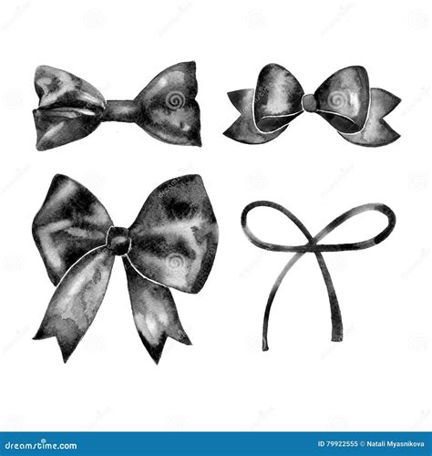 Watercolor Retro Satin Black Gift Bow Collection Isolated On White