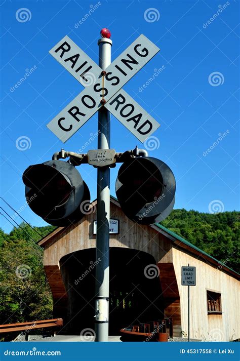 Bartonsville Vt Railroad Crossing Light And Covered Bridge Editorial