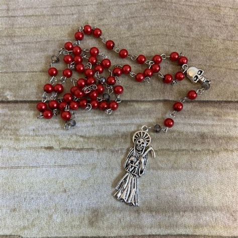 Red And Dark Grey Santa Muerte Rosary Santisima Muerte Etsy Santa