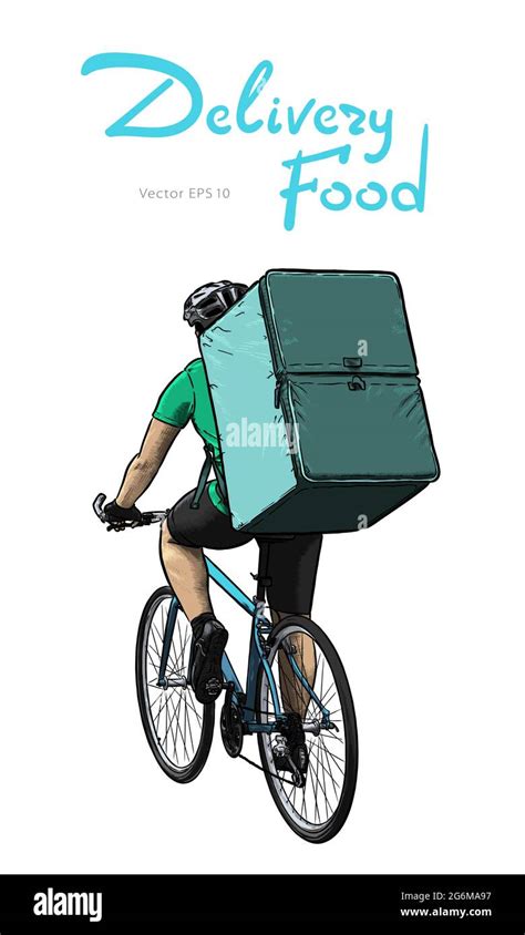 Young Man Riding Bicycle In Delivery Food Service Hand Drawn Vector