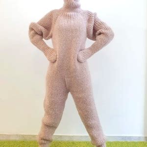 Beige Mohair Catsuit With Balaclava Socks Mittens Fluffy Bodysuit