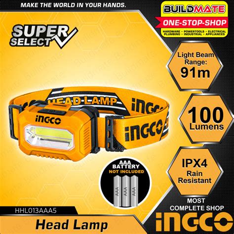 INGCO Head Lamp IPX4 100 Lumens 3AAA Battery Rain Resistant Head Light