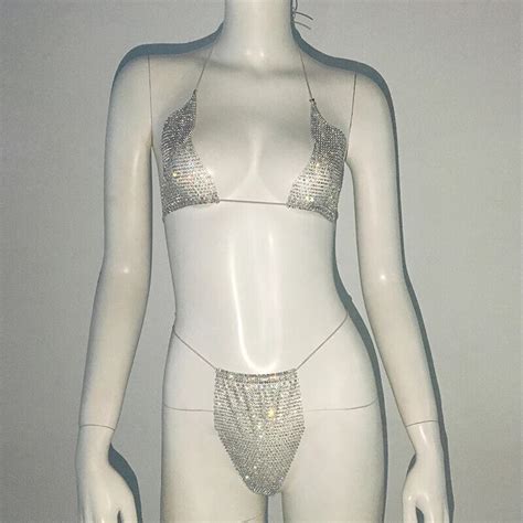 Fishnet Glitter Rhinestone Bikini Set Women Mesh Beach Sexy Thong Rave Party EBay