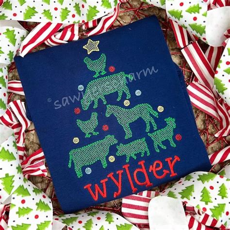 Farm Animals Christmas Tree With Star Sketch Stitch Machine Etsy