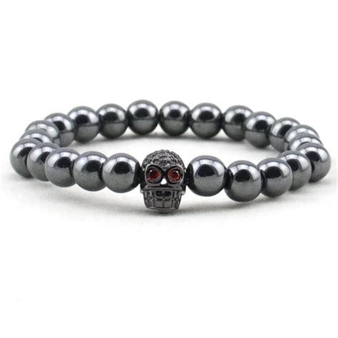 Men S Bracelet Hematite Micro Pave Black Cz Zirconia Skull Beaded Mala