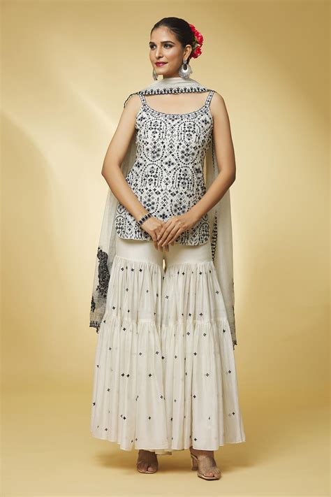 Buy Ivory Chanderi Silk Embroidered And Printed Mirror Kurta Gharara