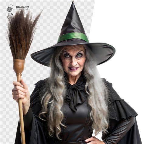 Senior Woman Dressed As Witch Holding Broom Halloween Costume Premium