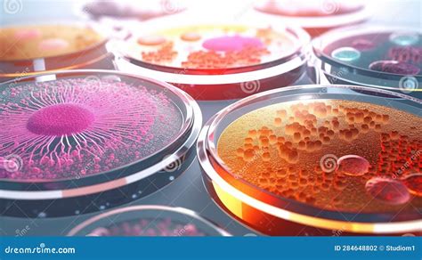 Mixed Of Bacteria Colonies In Various Petri Dish Growing Cultures Of