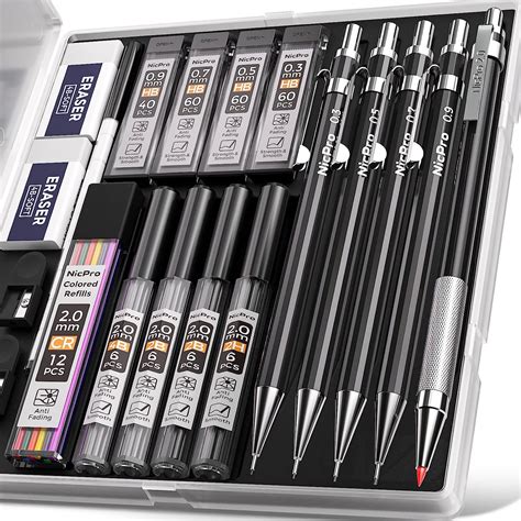 Nicpro 5 Schwarz Metall Druckbleistift Set im Etui Künstler