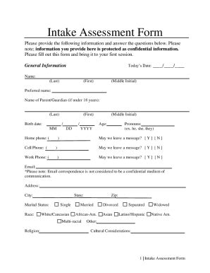 Fillable Online Pdffiller Intake Assessment Form