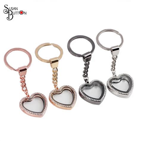 8pcs Lot 4 Colors 30mm Rhinestone Heart Magnetic Glass Locket Keychains