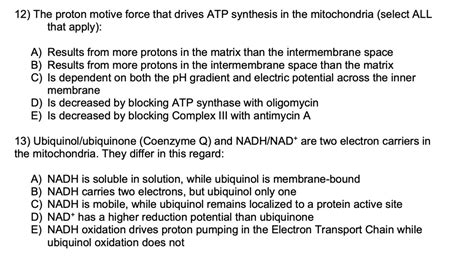 SOLVED: 12) The proton motive force that drives ATP synthesis in the ...