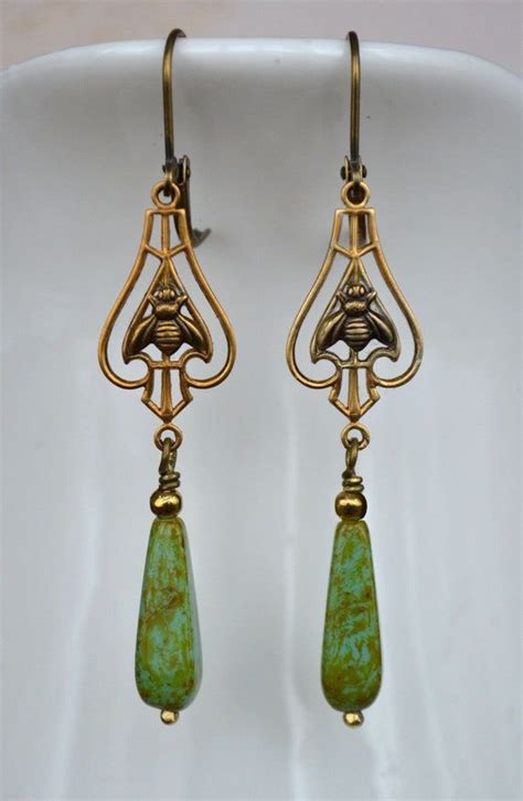 Art Nouveau Art Deco Bee Earrings Turquoise Green Gold Etsy Funky