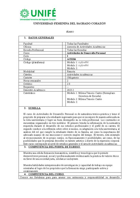 2023 1 Sílabo Actividades De Desarrollo Personal Modulo I Y Módulo Ii