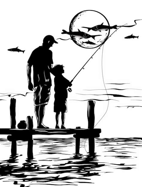 Silueta de padre e hijo pescando en el muelle Ilustración vectorial