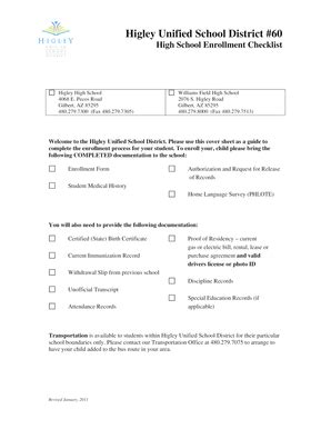 Fillable Online Husd High School Enrollment Checklist Husd Fax Email