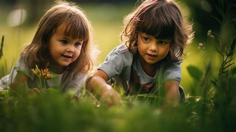 Premium Photo Two American Children Playing Hide And Seek In The Grass