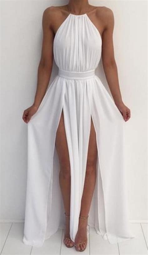 White Halter Simple A Line Backless Long Prom Dresschiffon Evening