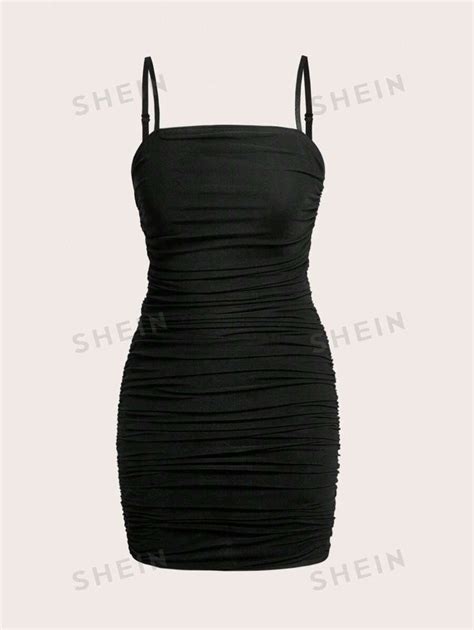 Shein Ezwear Summer Dress Black Solid Ruched Cami Bodycon Dress Shein Uk