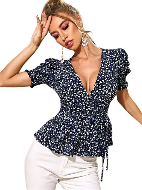 Shein Womens Puff Short Sleeve Floral Blouse Peplum Top V Neck Shirred