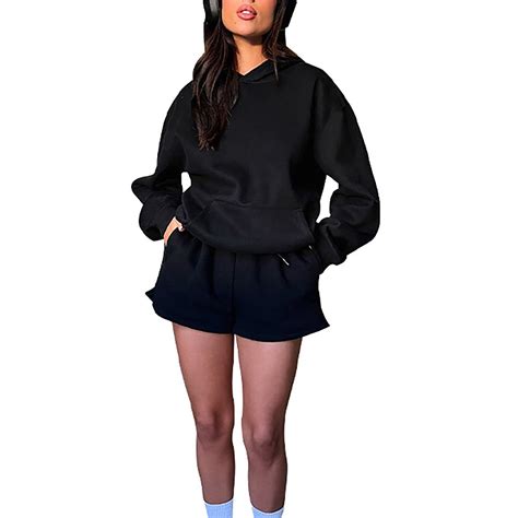 Womens Fashion Autumnwinter Solid Color Long Sleeve Hooded Sweater Two Piece Shorts Side Split