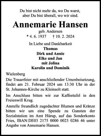 Traueranzeigen Von Annemarie Hansen Sh Z Trauer