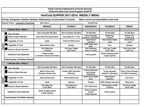 Cacfp Menus Ccfp Roundtable Conference Daycare Meals Daycare Menu